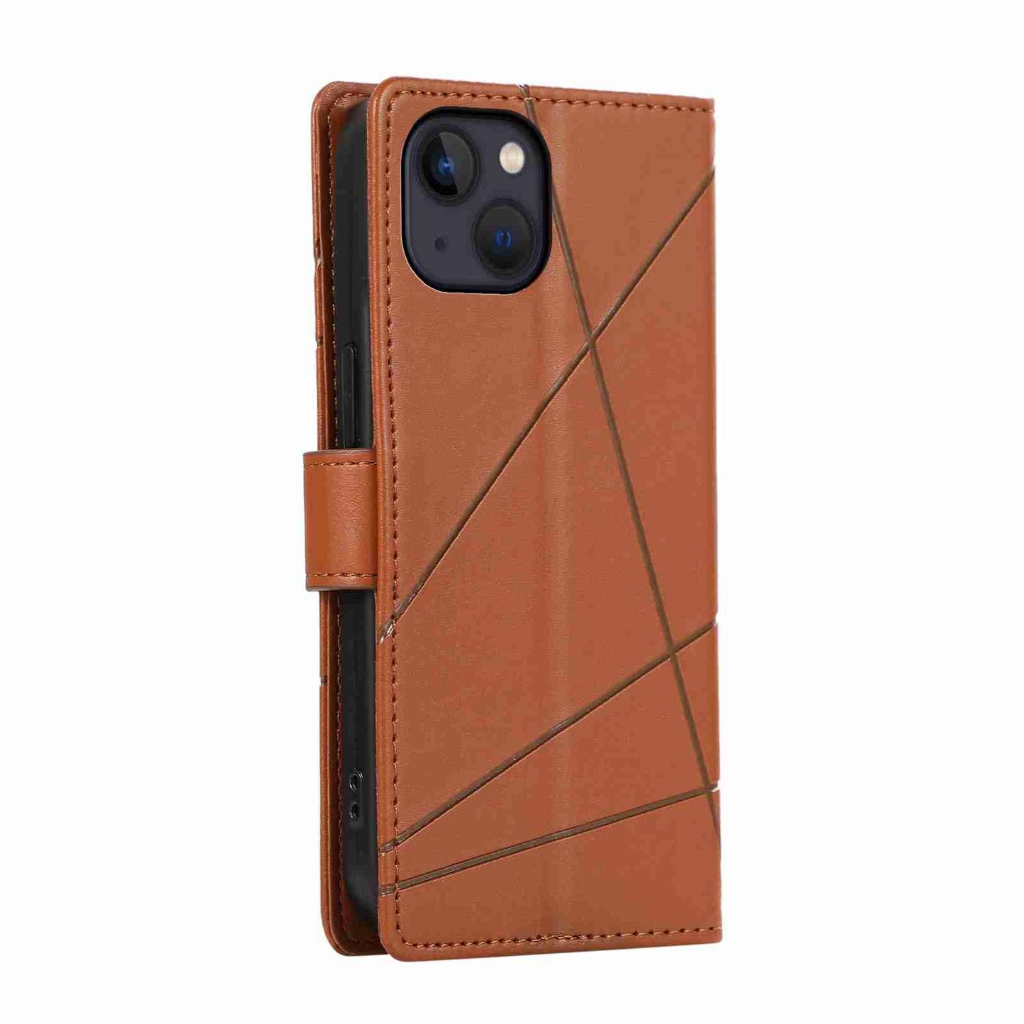 iPhone 13 Mini PU Genuine Leather Texture Embossed Line Phone Case with Card Wallet, Kickstand & Wrist Strap