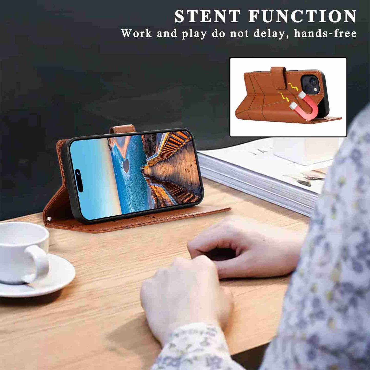 iPhone 13 Mini PU Genuine Leather Texture Embossed Line Phone Case with Card Wallet, Kickstand & Wrist Strap