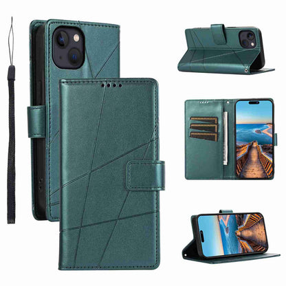 iPhone 13 Mini PU Genuine Leather Texture Embossed Line Phone Case with Card Wallet, Kickstand & Wrist Strap