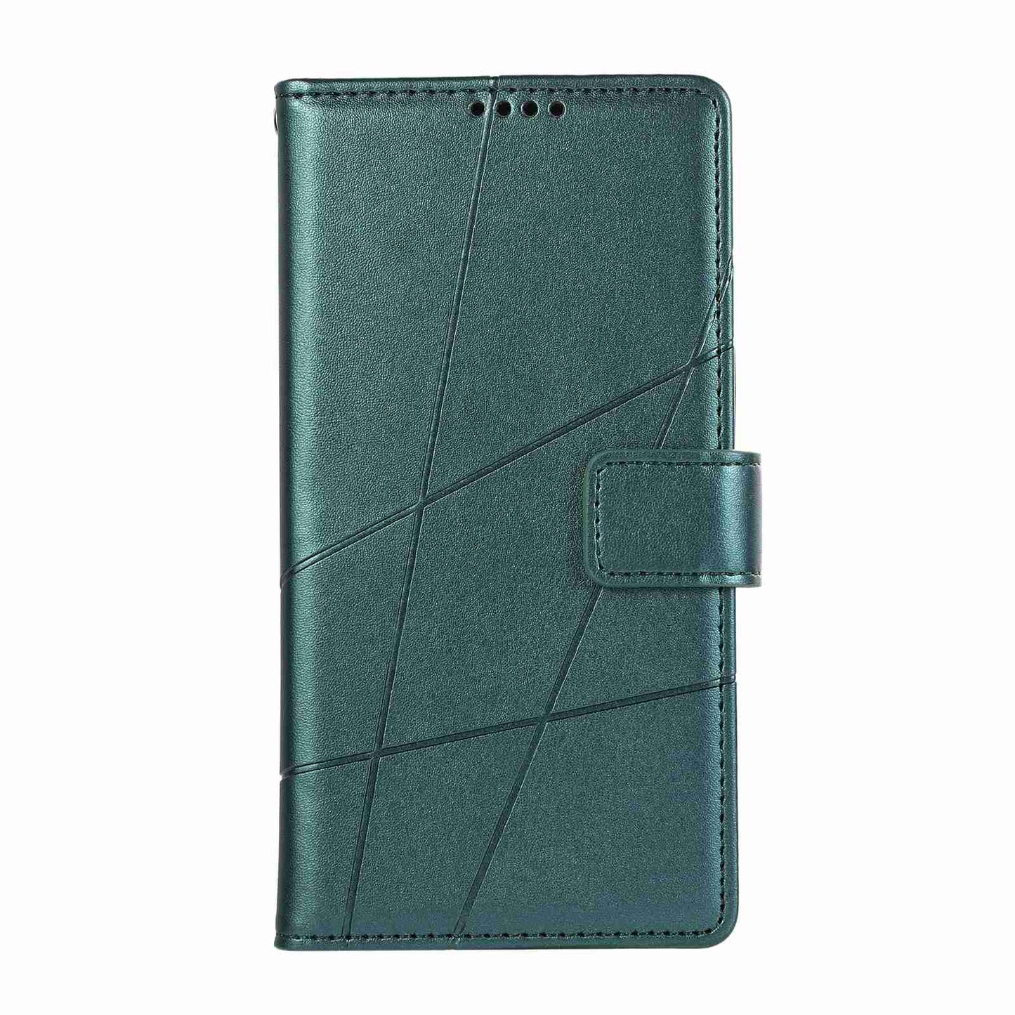 iPhone 13 Mini PU Genuine Leather Texture Embossed Line Phone Case with Card Wallet, Kickstand & Wrist Strap