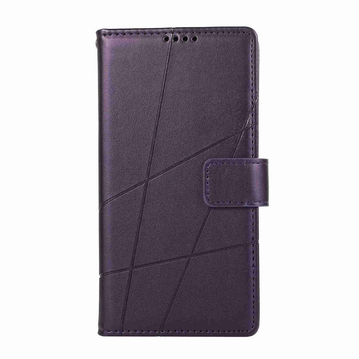 iPhone 13 Mini PU Genuine Leather Texture Embossed Line Phone Case with Card Wallet, Kickstand & Wrist Strap