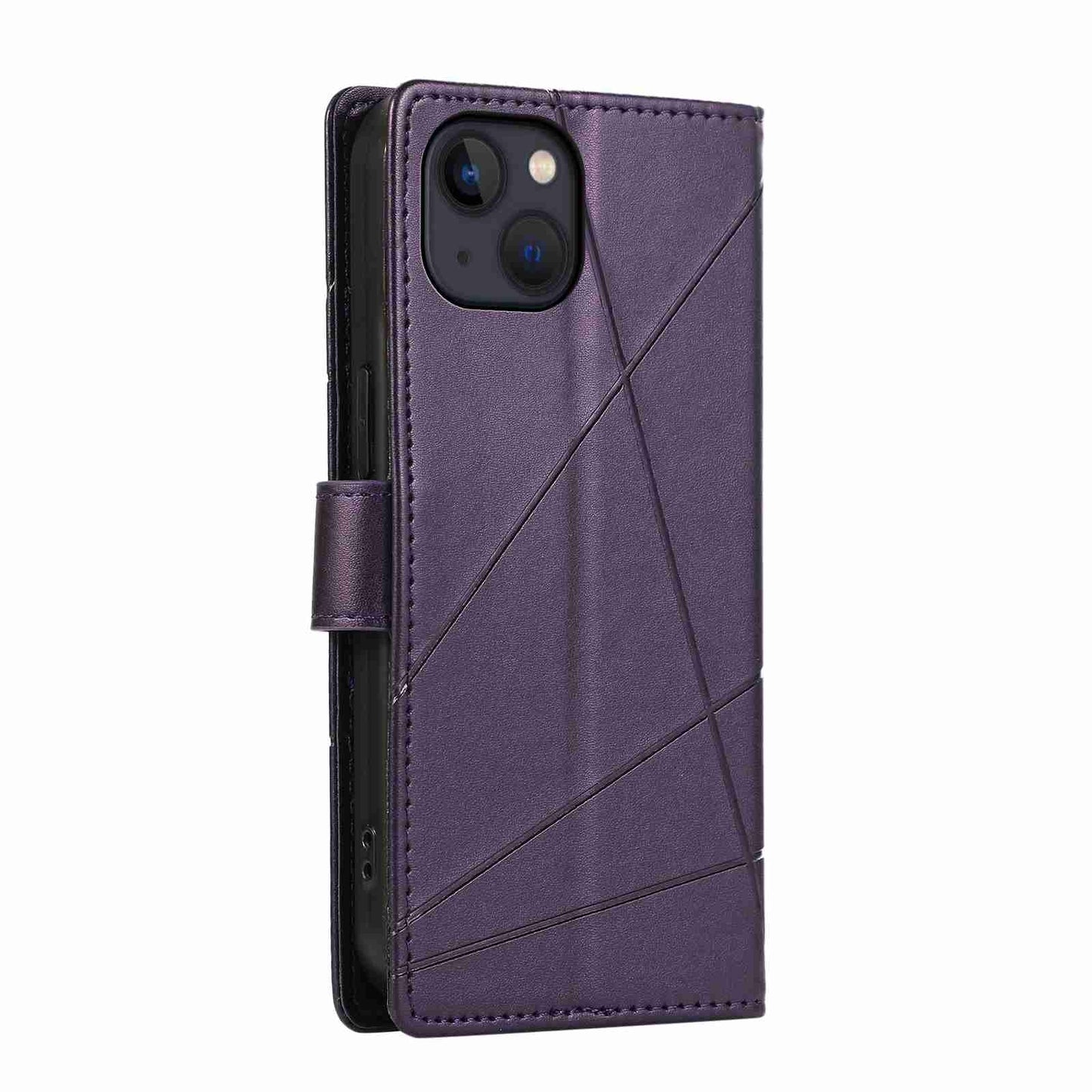 iPhone 13 Mini PU Genuine Leather Texture Embossed Line Phone Case with Card Wallet, Kickstand & Wrist Strap