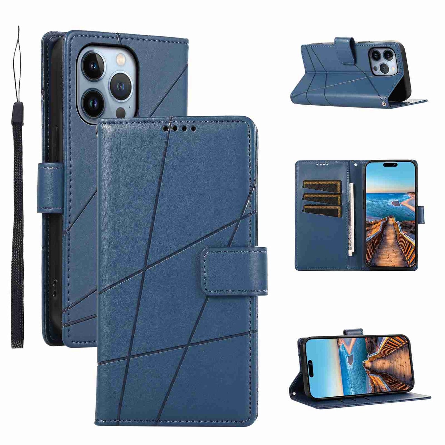 iPhone 13 Pro PU Genuine Leather Texture Embossed Line Phone Case with Card Wallet, Kickstand & Wrist Strap