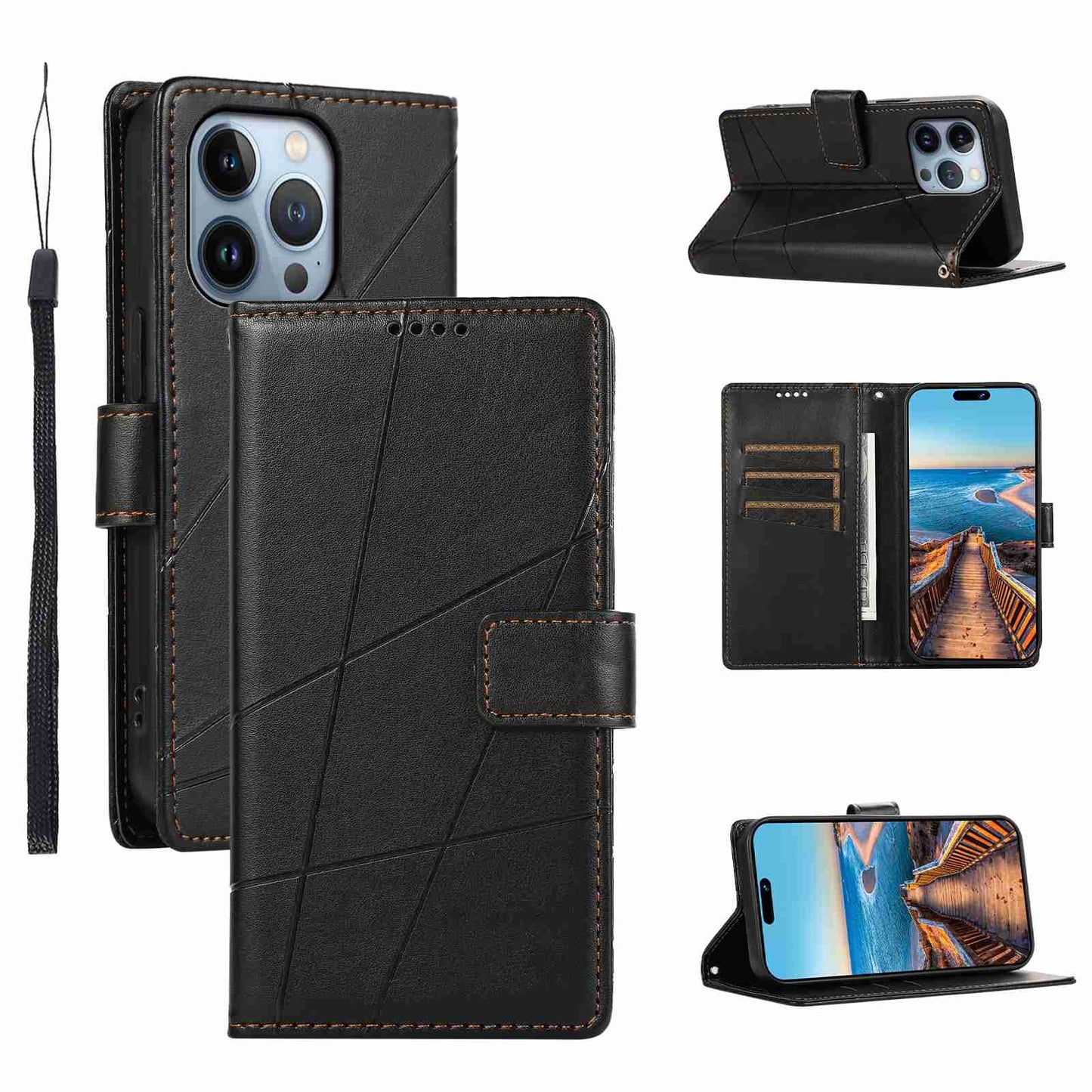 iPhone 13 Pro PU Genuine Leather Texture Embossed Line Phone Case with Card Wallet, Kickstand & Wrist Strap