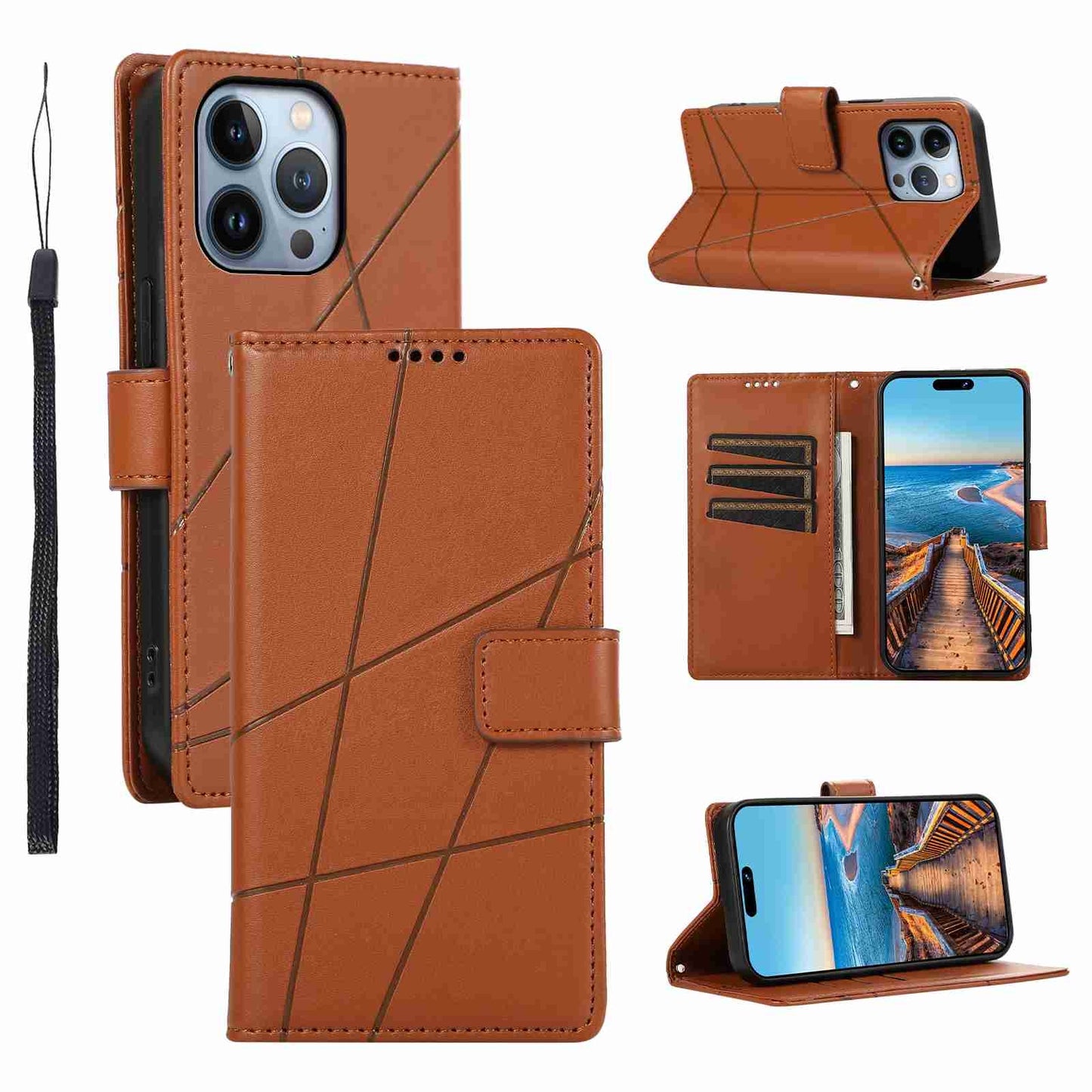 iPhone 13 Pro PU Genuine Leather Texture Embossed Line Phone Case with Card Wallet, Kickstand & Wrist Strap