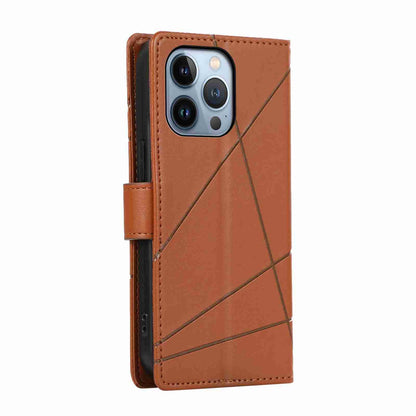 iPhone 13 Pro PU Genuine Leather Texture Embossed Line Phone Case with Card Wallet, Kickstand & Wrist Strap