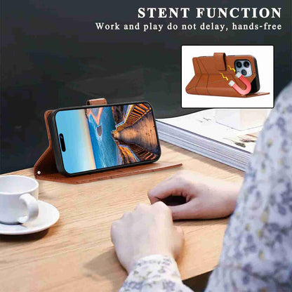 iPhone 13 Pro PU Genuine Leather Texture Embossed Line Phone Case with Card Wallet, Kickstand & Wrist Strap