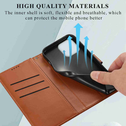 iPhone 13 Pro PU Genuine Leather Texture Embossed Line Phone Case with Card Wallet, Kickstand & Wrist Strap