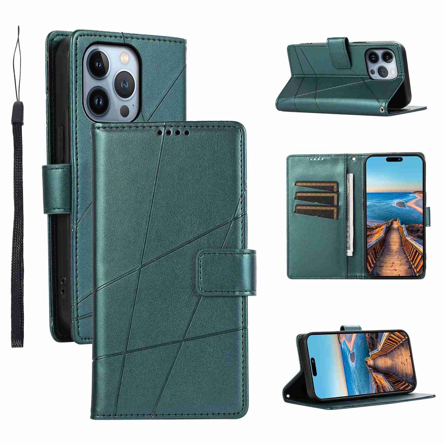 iPhone 13 Pro PU Genuine Leather Texture Embossed Line Phone Case with Card Wallet, Kickstand & Wrist Strap