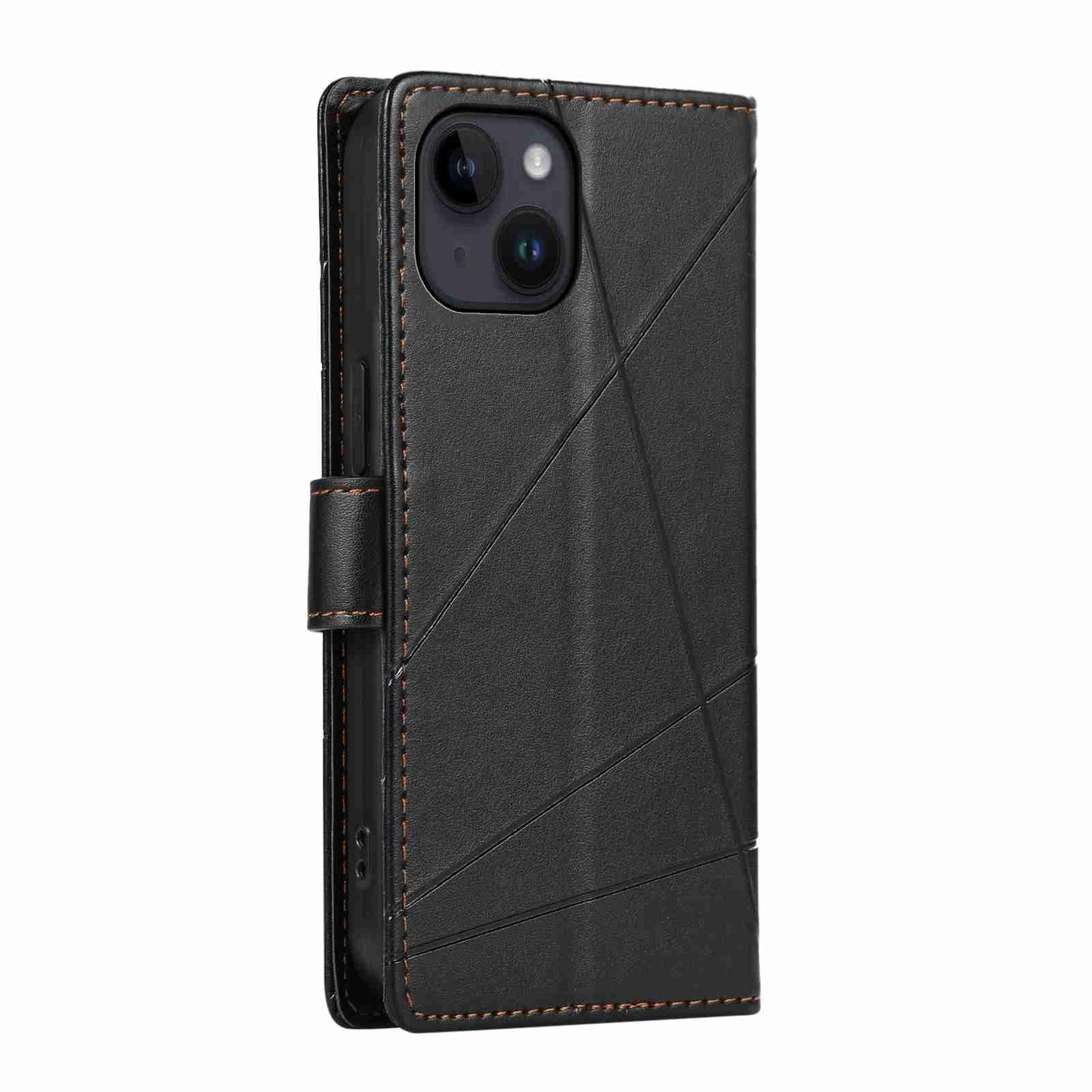 iPhone 14 PU Genuine Leather Texture Embossed Line Phone Case with Card Wallet, Kickstand & Wrist Strap