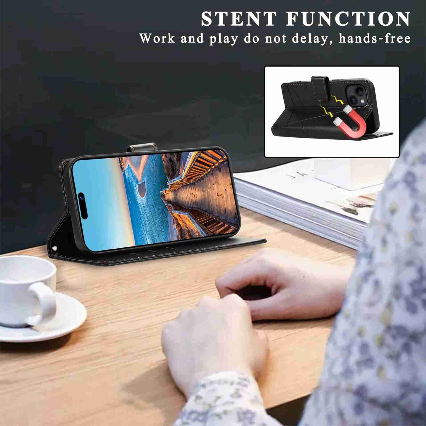 iPhone 14 PU Genuine Leather Texture Embossed Line Phone Case with Card Wallet, Kickstand & Wrist Strap