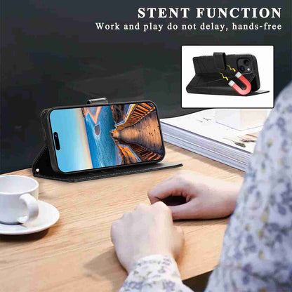 iPhone 14 PU Genuine Leather Texture Embossed Line Phone Case with Card Wallet, Kickstand & Wrist Strap