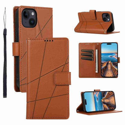 iPhone 14 PU Genuine Leather Texture Embossed Line Phone Case with Card Wallet, Kickstand & Wrist Strap