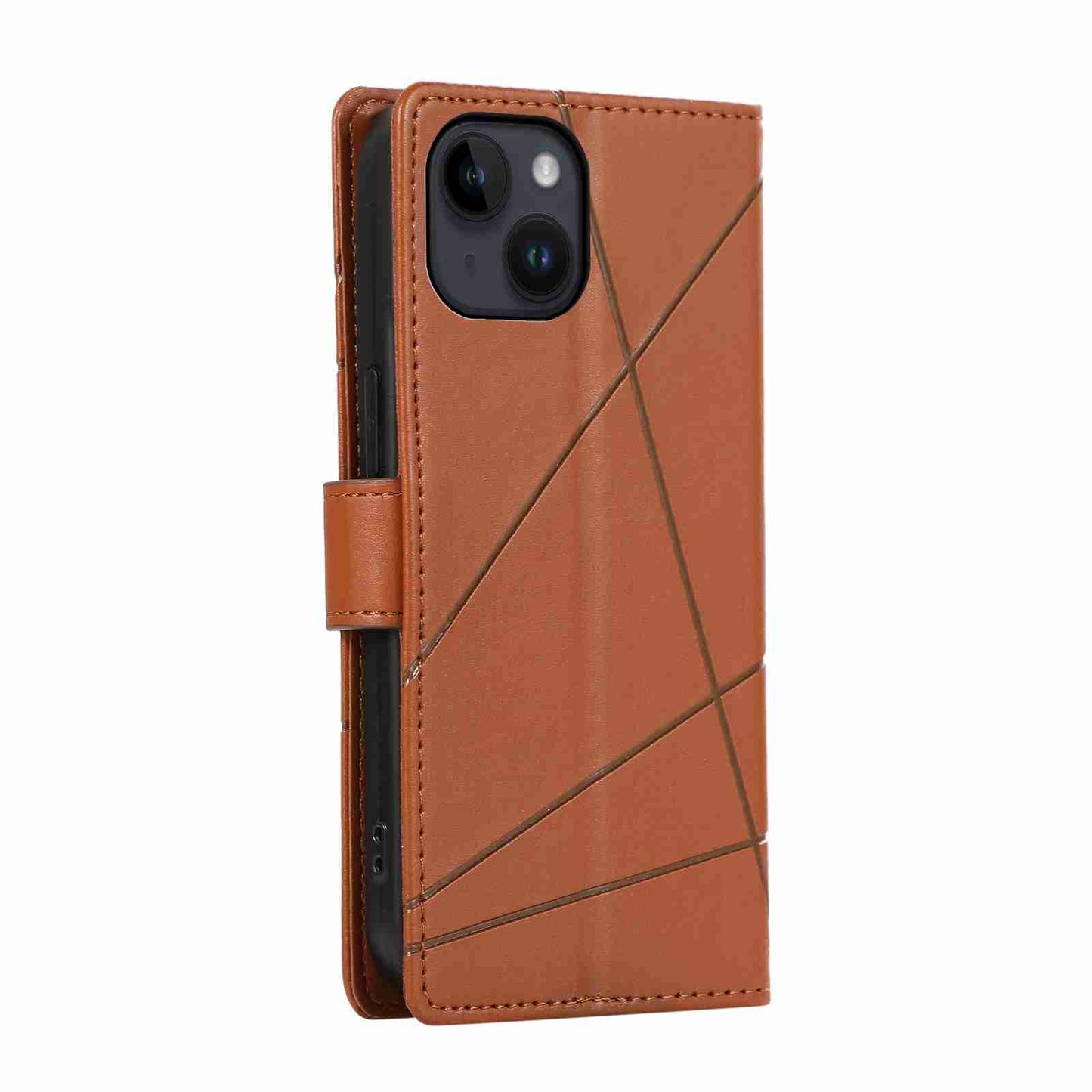 iPhone 14 PU Genuine Leather Texture Embossed Line Phone Case with Card Wallet, Kickstand & Wrist Strap