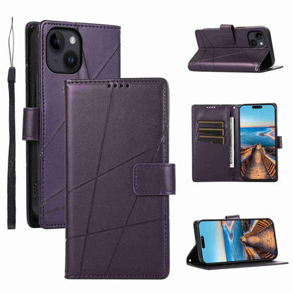 iPhone 14 PU Genuine Leather Texture Embossed Line Phone Case with Card Wallet, Kickstand & Wrist Strap