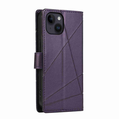 iPhone 14 PU Genuine Leather Texture Embossed Line Phone Case with Card Wallet, Kickstand & Wrist Strap