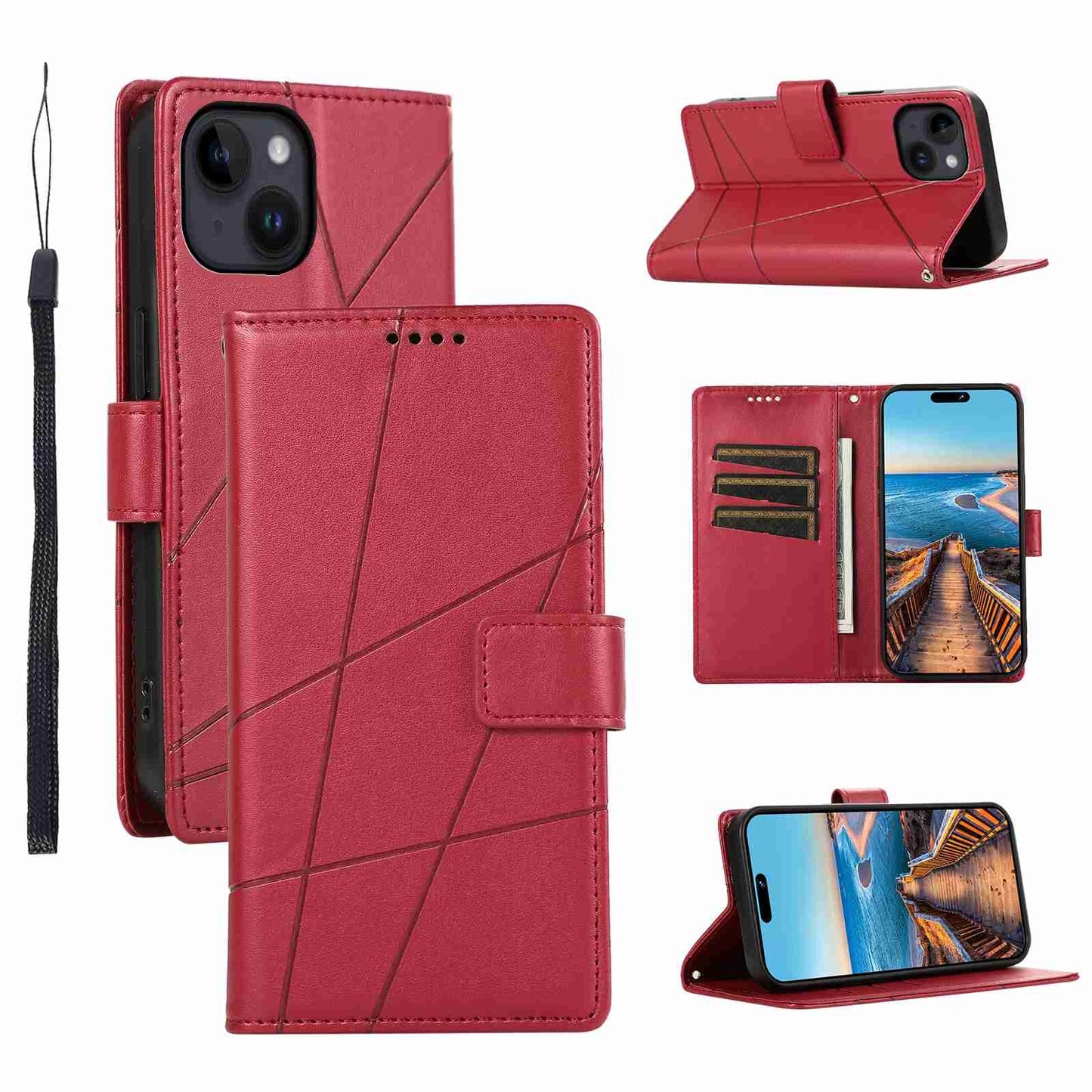 iPhone 14 Plus PU Genuine Leather Texture Embossed Line Phone Case with Card Wallet, Kickstand & Wrist Strap