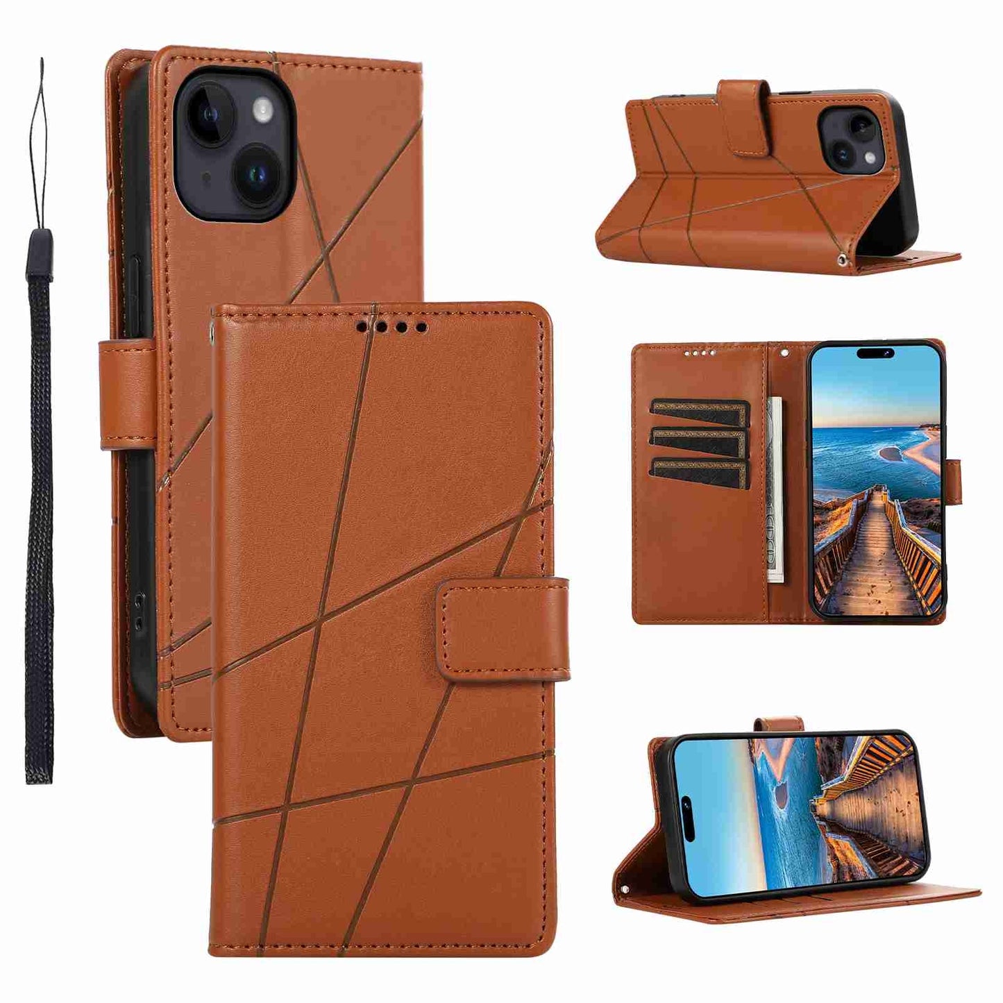 iPhone 14 Plus PU Genuine Leather Texture Embossed Line Phone Case with Card Wallet, Kickstand & Wrist Strap