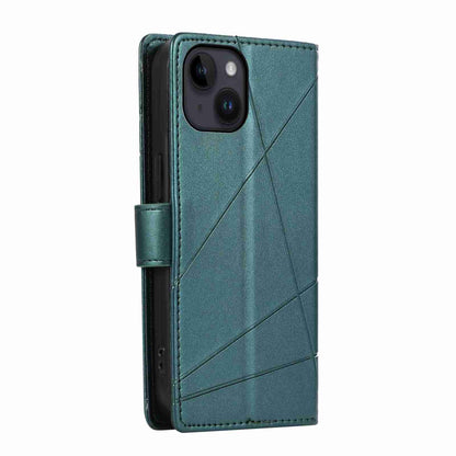 iPhone 14 Plus PU Genuine Leather Texture Embossed Line Phone Case with Card Wallet, Kickstand & Wrist Strap