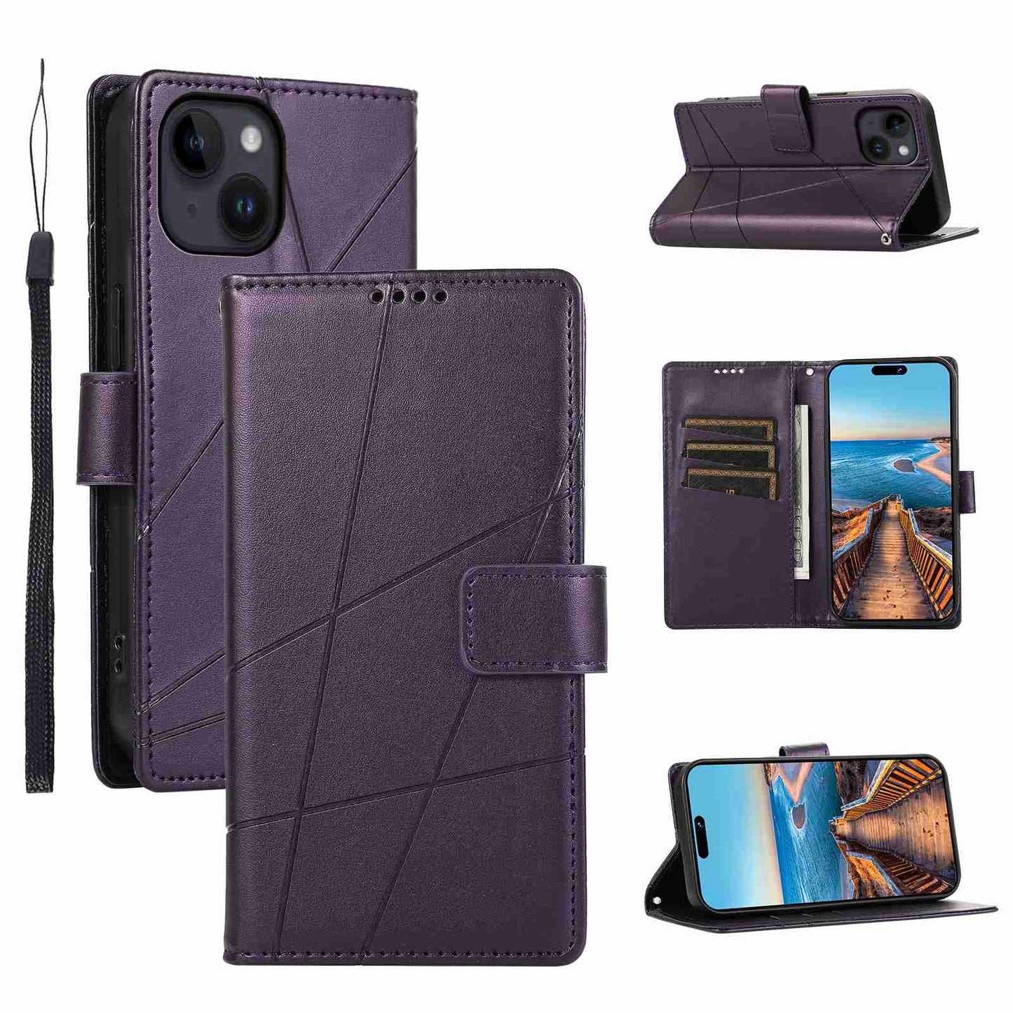 iPhone 14 Plus PU Genuine Leather Texture Embossed Line Phone Case with Card Wallet, Kickstand & Wrist Strap