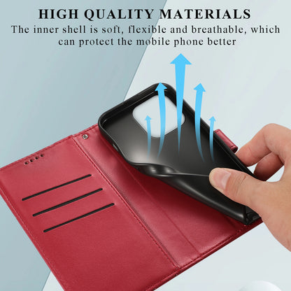 iPhone 14 Pro PU Genuine Leather Texture Embossed Line Phone Case with Card Wallet, Kickstand & Wrist Strap