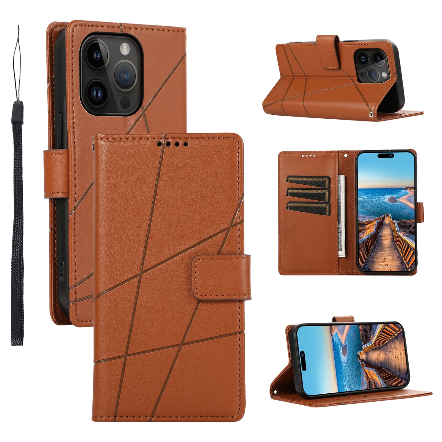 iPhone 14 Pro PU Genuine Leather Texture Embossed Line Phone Case with Card Wallet, Kickstand & Wrist Strap