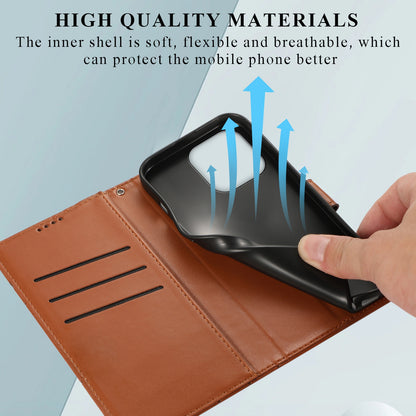 iPhone 14 Pro PU Genuine Leather Texture Embossed Line Phone Case with Card Wallet, Kickstand & Wrist Strap