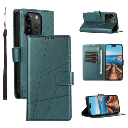 iPhone 14 Pro PU Genuine Leather Texture Embossed Line Phone Case with Card Wallet, Kickstand & Wrist Strap