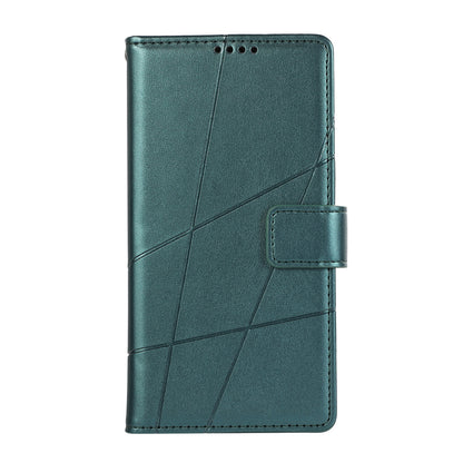 iPhone 14 Pro PU Genuine Leather Texture Embossed Line Phone Case with Card Wallet, Kickstand & Wrist Strap