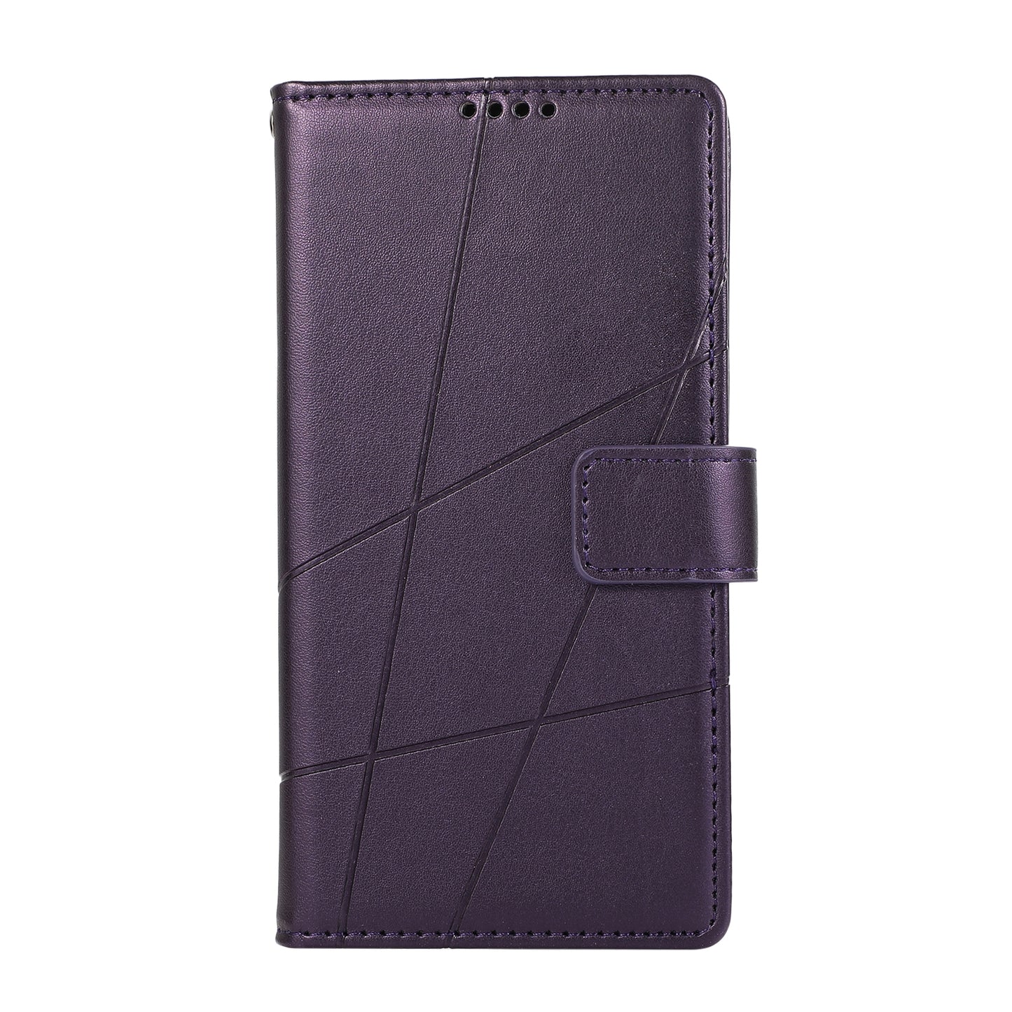 iPhone 14 Pro PU Genuine Leather Texture Embossed Line Phone Case with Card Wallet, Kickstand & Wrist Strap