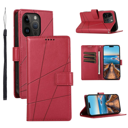 iPhone 14 Pro Max PU Genuine Leather Texture Embossed Line Phone Case with Card Wallet, Kickstand & Wrist Strap