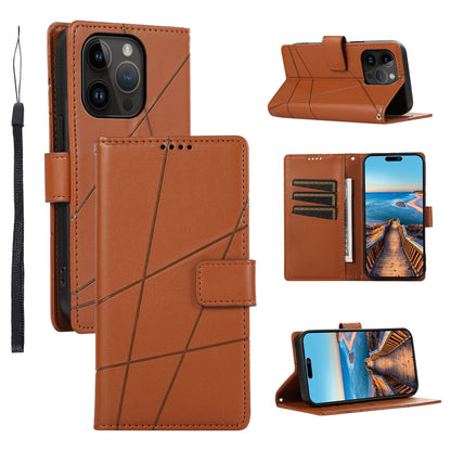 iPhone 14 Pro Max PU Genuine Leather Texture Embossed Line Phone Case with Card Wallet, Kickstand & Wrist Strap