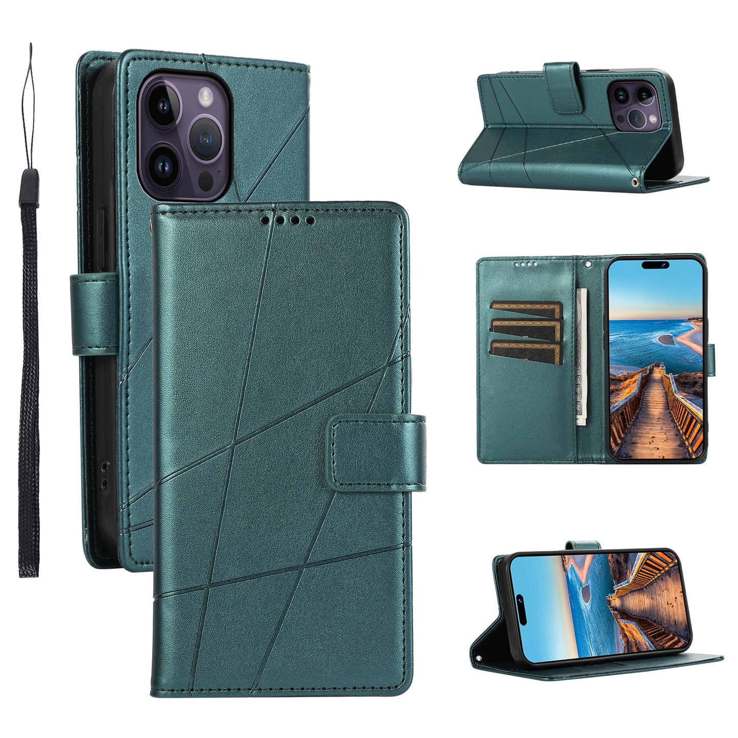 iPhone 14 Pro Max PU Genuine Leather Texture Embossed Line Phone Case with Card Wallet, Kickstand & Wrist Strap