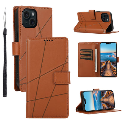 iPhone 15 Plus PU Genuine Leather Texture Embossed Line Phone Case with Card Wallet, Kickstand & Wrist Strap