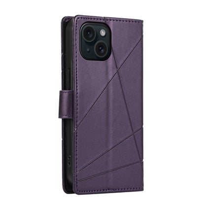 iPhone 15 Plus PU Genuine Leather Texture Embossed Line Phone Case with Card Wallet, Kickstand & Wrist Strap