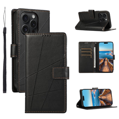 iPhone 15 Pro Max PU Genuine Leather Texture Embossed Line Phone Case with Card Wallet, Kickstand & Wrist Strap