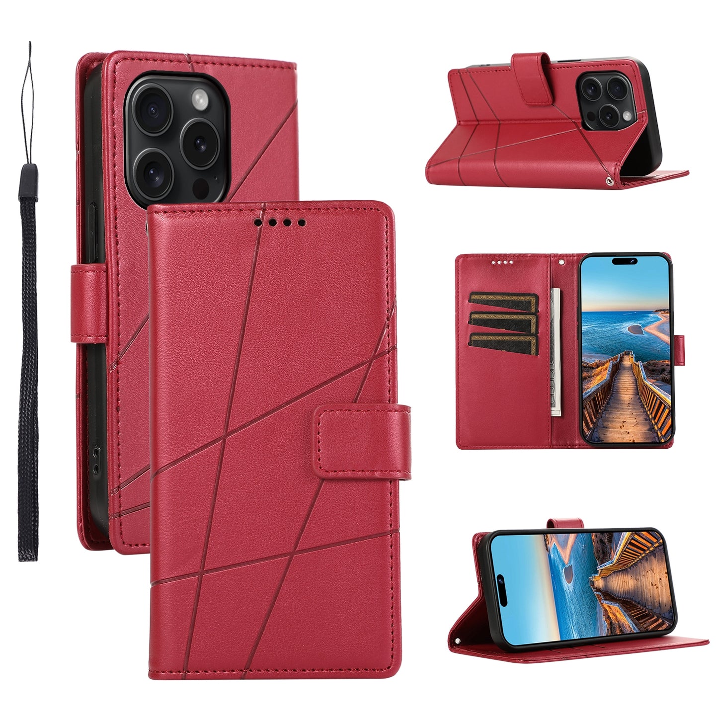 iPhone 15 Pro Max PU Genuine Leather Texture Embossed Line Phone Case with Card Wallet, Kickstand & Wrist Strap