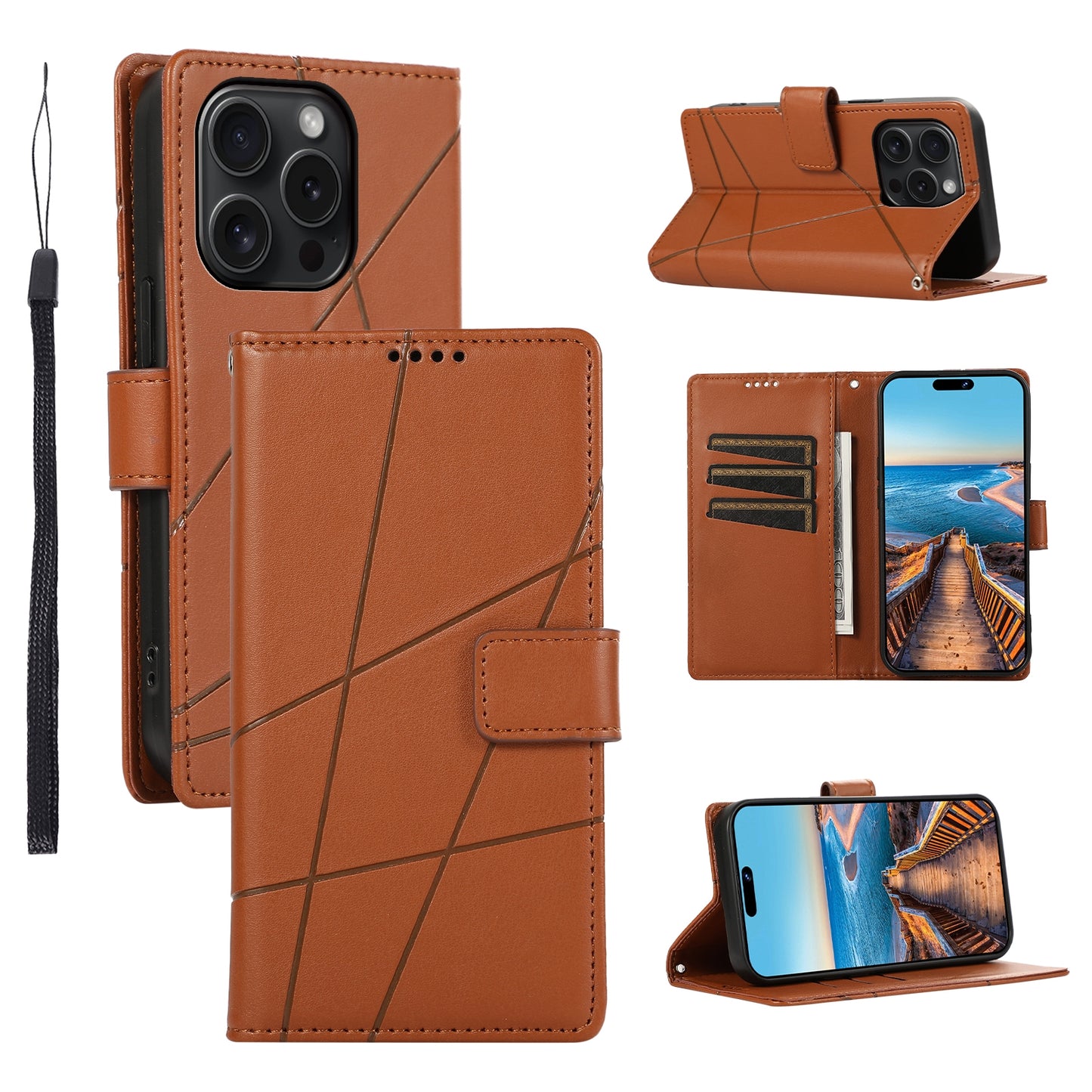 iPhone 15 Pro Max PU Genuine Leather Texture Embossed Line Phone Case with Card Wallet, Kickstand & Wrist Strap