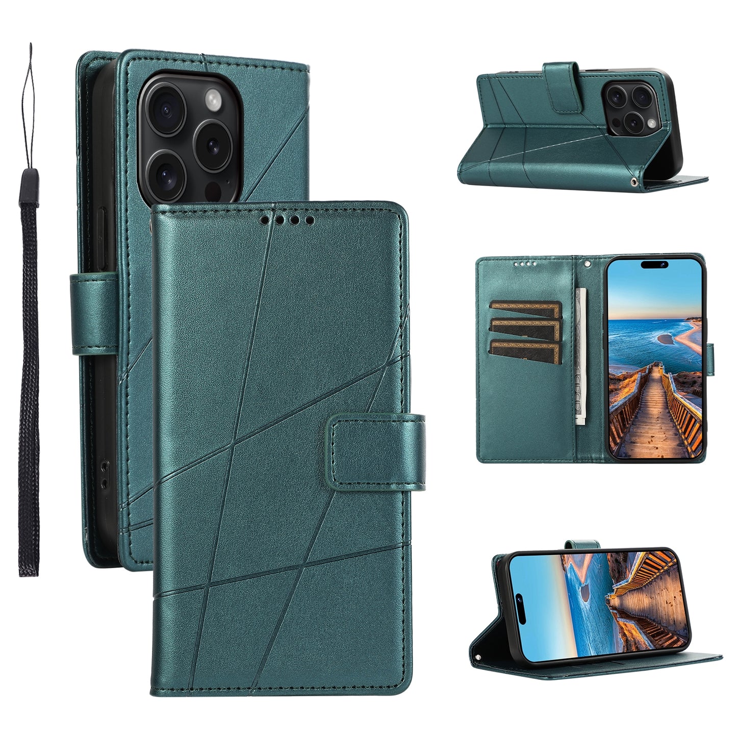 iPhone 15 Pro Max PU Genuine Leather Texture Embossed Line Phone Case with Card Wallet, Kickstand & Wrist Strap