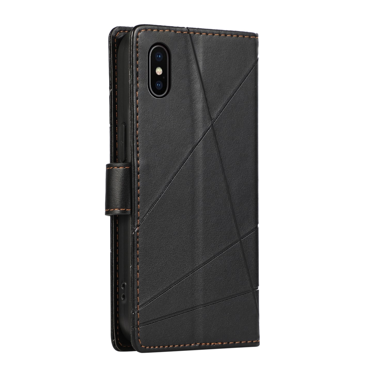 iPhone X/XS PU Genuine Leather Texture Embossed Line Phone Case with Card Wallet, Kickstand & Wrist Strap