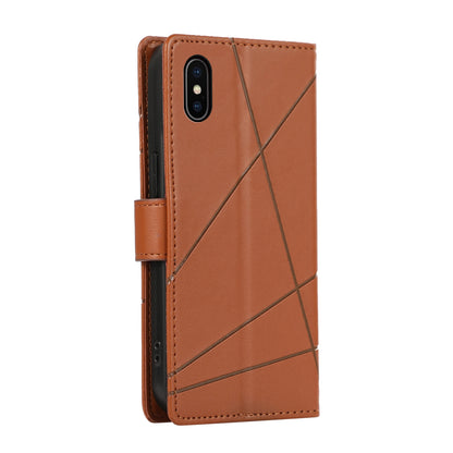 iPhone X/XS PU Genuine Leather Texture Embossed Line Phone Case with Card Wallet, Kickstand & Wrist Strap