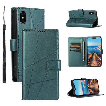 iPhone X/XS PU Genuine Leather Texture Embossed Line Phone Case with Card Wallet, Kickstand & Wrist Strap