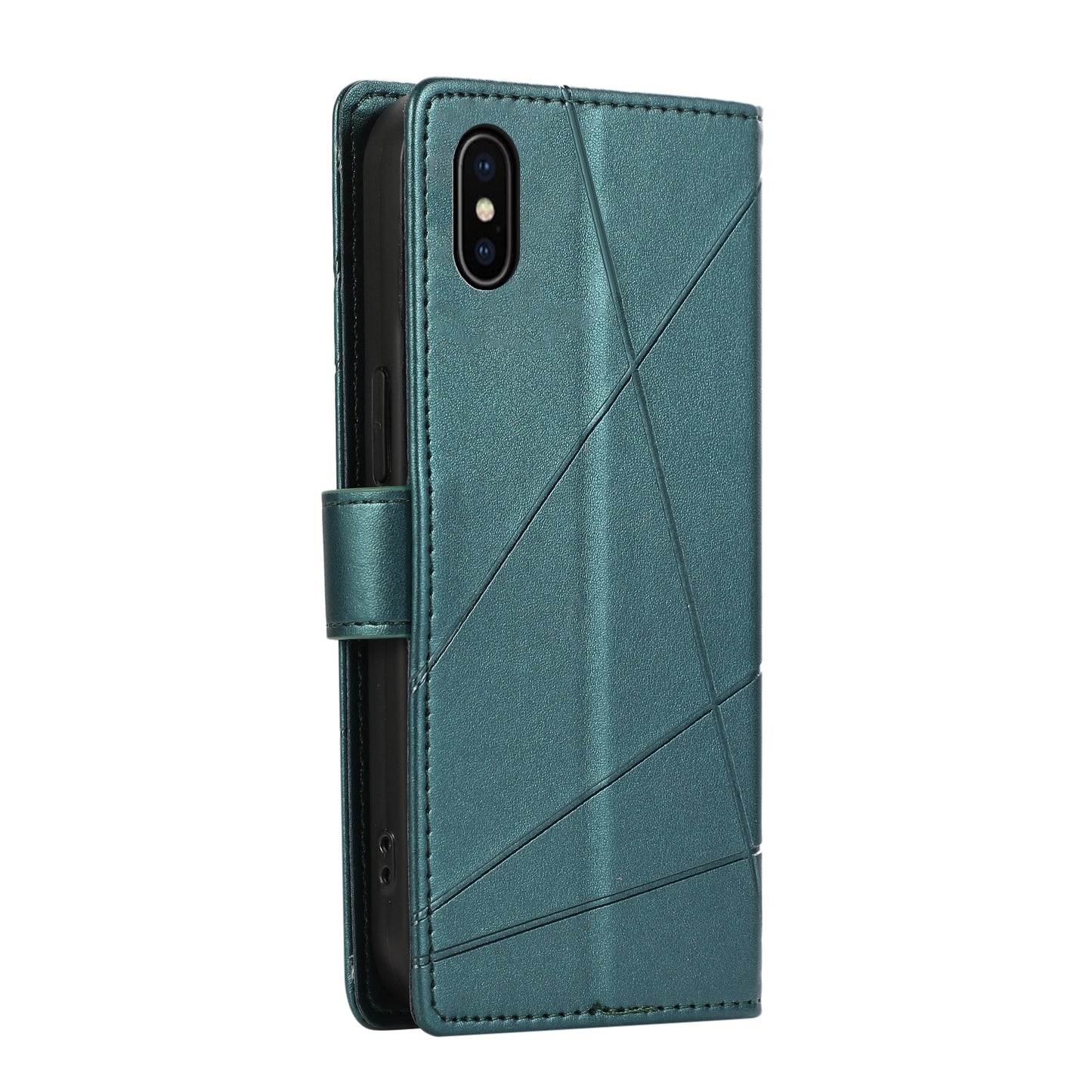iPhone X/XS PU Genuine Leather Texture Embossed Line Phone Case with Card Wallet, Kickstand & Wrist Strap