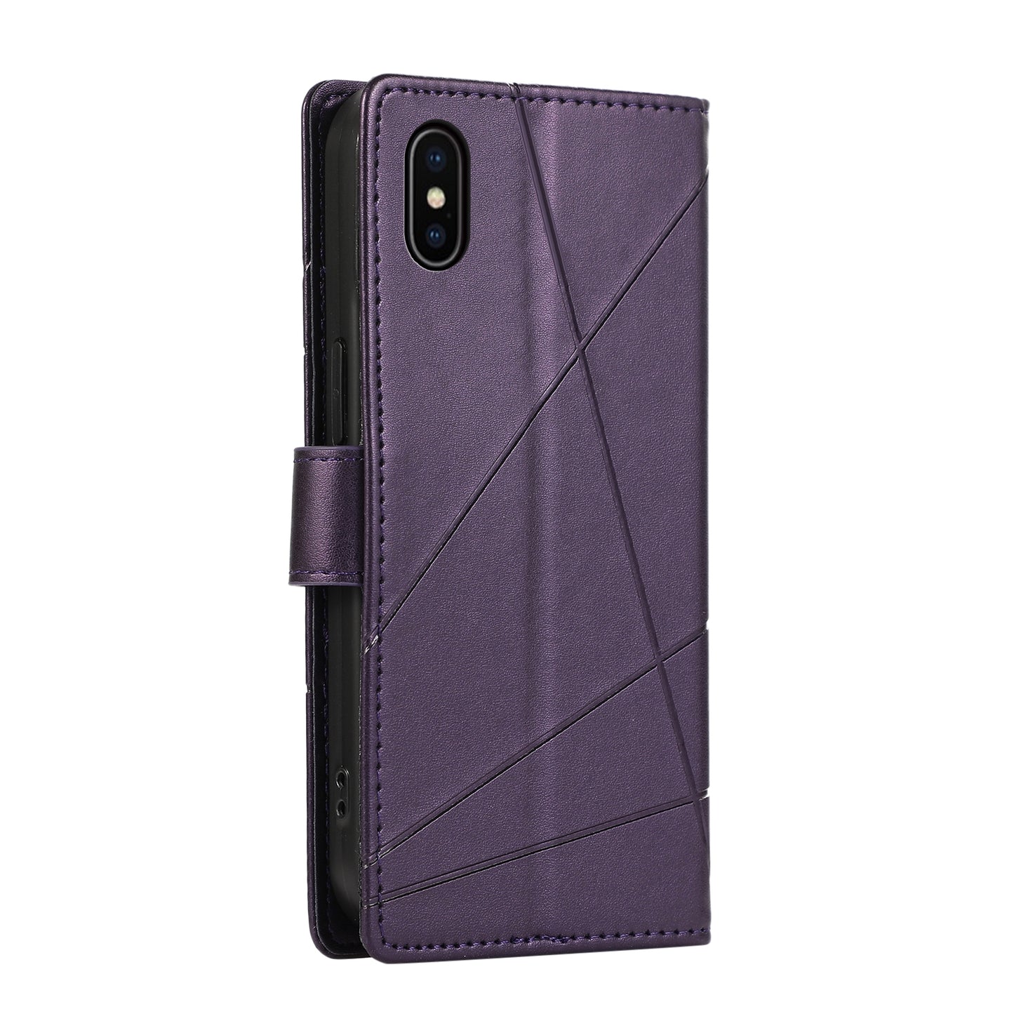 iPhone X/XS PU Genuine Leather Texture Embossed Line Phone Case with Card Wallet, Kickstand & Wrist Strap