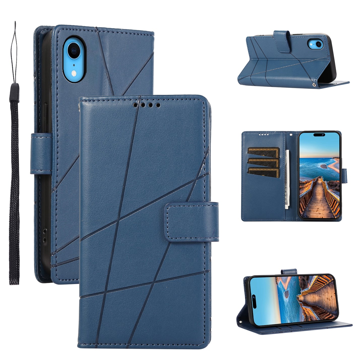 iPhone XR PU Genuine Leather Texture Embossed Line Phone Case with Card Wallet, Kickstand & Wrist Strap
