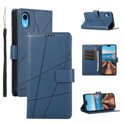 iPhone XR PU Genuine Leather Texture Embossed Line Phone Case with Card Wallet, Kickstand & Wrist Strap