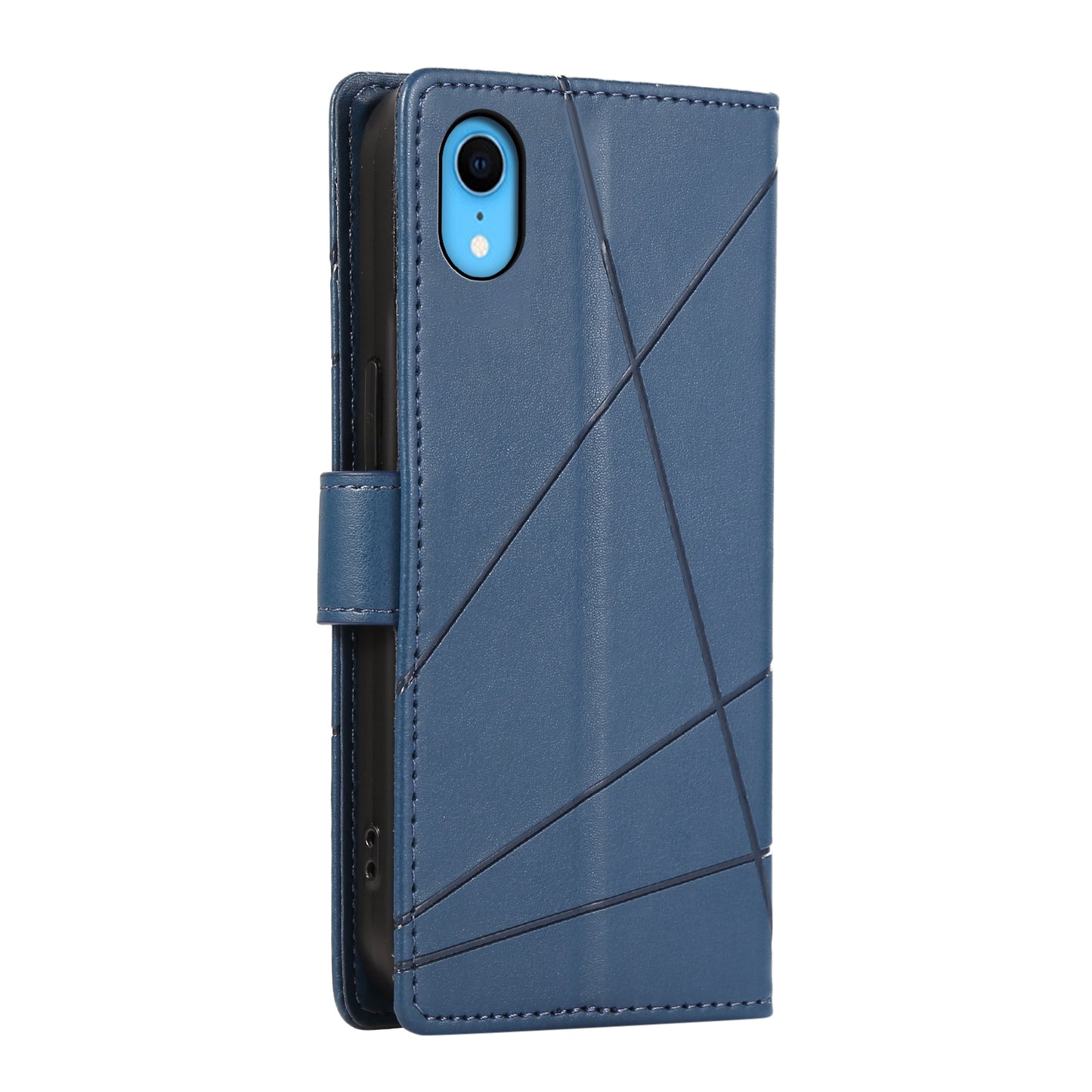 iPhone XR PU Genuine Leather Texture Embossed Line Phone Case with Card Wallet, Kickstand & Wrist Strap