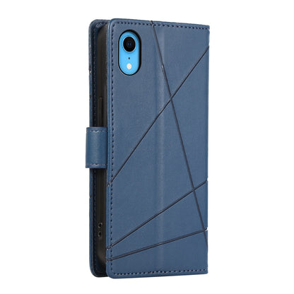iPhone XR PU Genuine Leather Texture Embossed Line Phone Case with Card Wallet, Kickstand & Wrist Strap