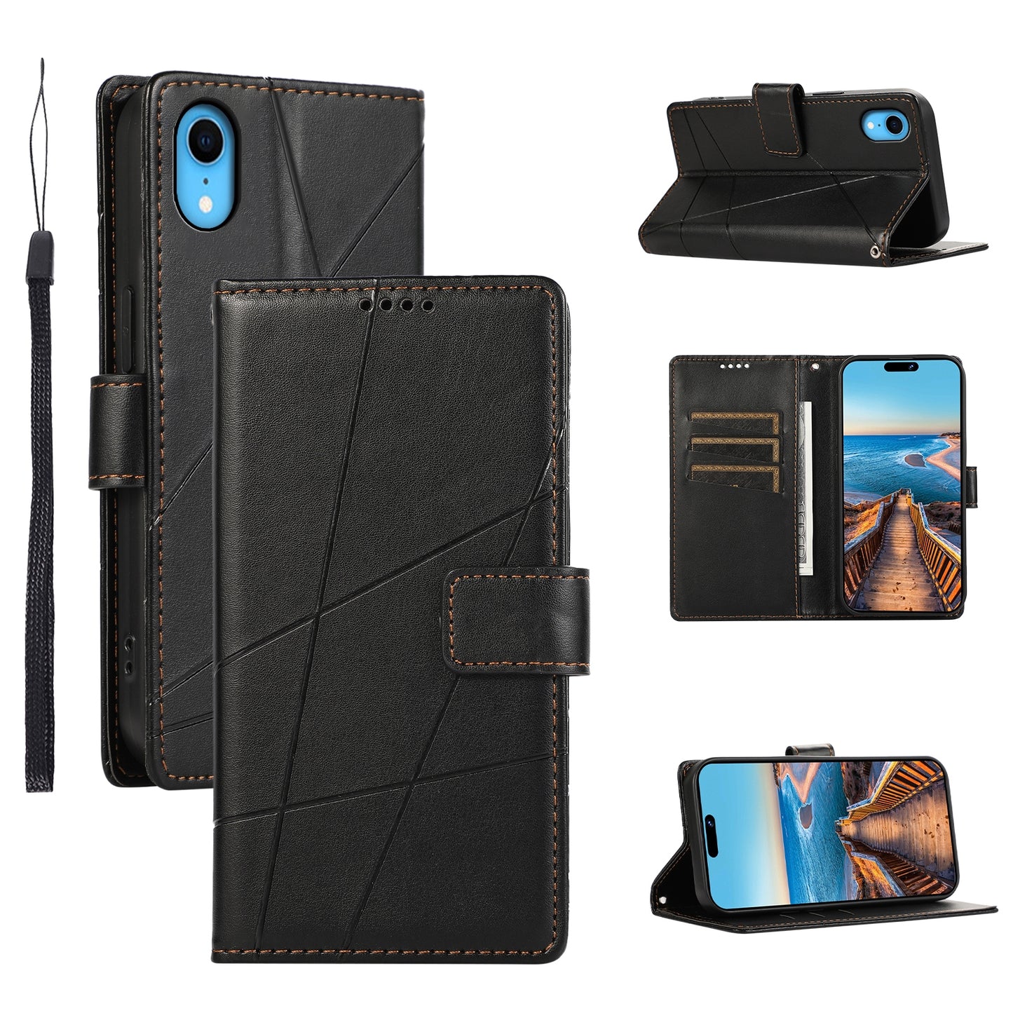 iPhone XR PU Genuine Leather Texture Embossed Line Phone Case with Card Wallet, Kickstand & Wrist Strap