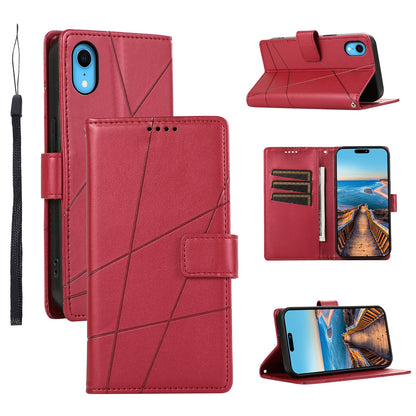 iPhone XR PU Genuine Leather Texture Embossed Line Phone Case with Card Wallet, Kickstand & Wrist Strap